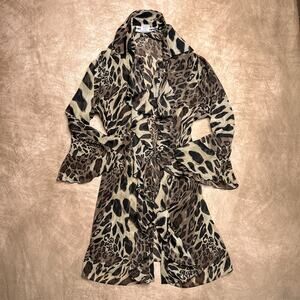Vintage 90s Dana Kay Open Front Sheer Mesh Ruffled Animal Print Cardigan Mobwife